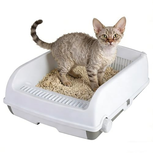 GYMAX Katzenklo mit hohen Seitenwänden, Halbautomatisches Katzentoilette mit Schaufel, Spritzschutz & Schiebeschublade, offene Katzenklo für Katzen bis zu 10 kg (Weiß)