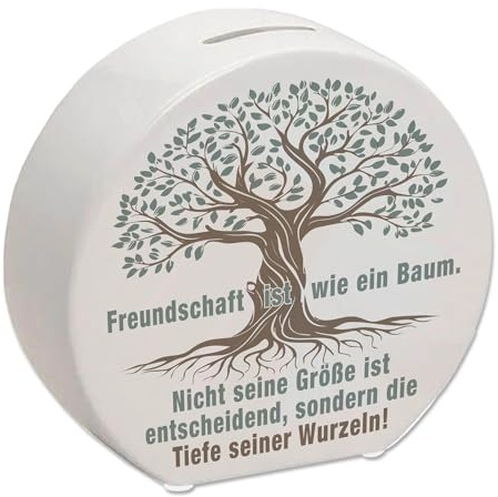 Baum mit Wurzeln Spardose mit Spruch: Freundschaft wächst durch Tiefe Wurzeln Wurzelsprardose für Freundschaft als Dankgeschenk