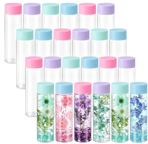 Tanlade 24 Pcs Clear Plastic Bottles Empty Sensory Bottles with Caps PET Plastic Juice Reusable Leakproof Drink Container Bulk for Juice Milk (12 Oz/ 350 ml,Pastel Lid)