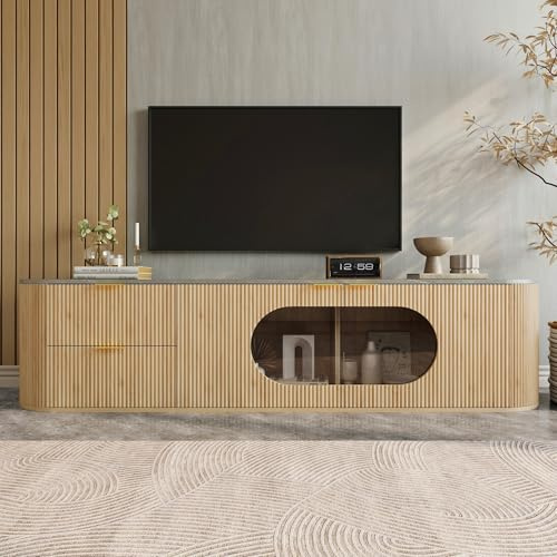 RAPRAP Meuble TV moderne en imitation bois, portes de placard avec bandes 3D verticales, vitrine ovale en verre gris, espace de rangement multi-zones