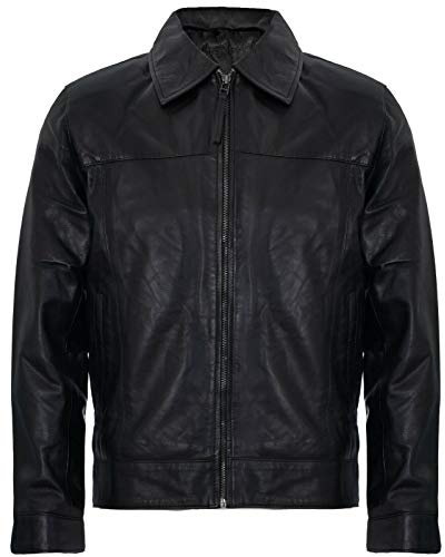 Herren Schwarz Echt Weich Echtes Leder Klassischer Kragen Harrington Jacket