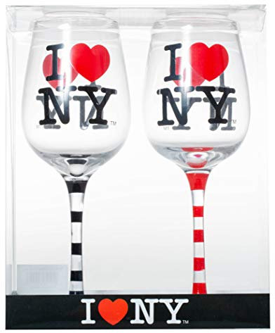 Lot de 2 verres à vin avec inscription I Love New York à rayures