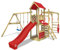 WICKEY Wooden climbing frame Smart Dock with swing set & red slide, Outdoor kids playhouse with sandpit, climbing ladder & play-accessories for the garden