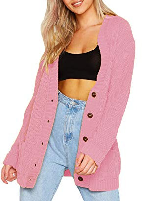 Mix Brand Elegant Womens Chunky Cable Knit Cardigan Daisy Button Everyday Aran Long Sleeves Grandad Plus Sizes UK (Baby Pink, M/L (12-14))