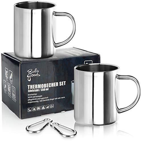 Robin Goods® 2x Edelstahl-Thermobecher+2 Karabinerhaken 60mm - 350 ml je Kaffeetasse - Thermo-Trinkbecher - Kaffeepott bruchsicher - doppelwandige Isolierbecher (2 Stück - Hochglanz/+ 2 Karabiner)