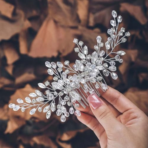 Zoestar Braut-Hochzeits-Haarkamm, silberfarbener Kristall, Braut-Kopfschmuck, Perlen-Haarschmuck für Damen und Mädchen
