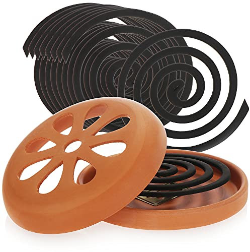 com-four® 10x Spirale Anti-Moustique avec 1x récipient en Terre Cuite - Dessus Anti-Moustique avec Parfum de Citron et Support en Spirale d'encens en Argile - Porte-Anneau (1x Pot + 10x Spirale)