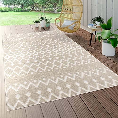 Paco Home Outdoor Teppich Wetterfest Wohnzimmer Balkon Küche Orientalisch Ornament Skandinavisch Geometrisches Muster 3D Effekt Modern, Grösse:160 cm Rund, Farbe:Beige 6