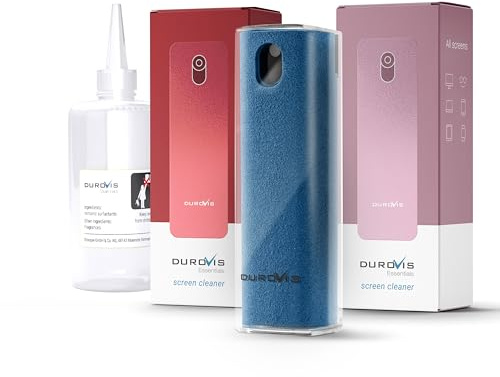 Display Reiniger Durovis Essentials, Screen Cleaner, Bildschirmreiniger mit Mikrofasertuch inklusive 50ml Glasreiniger ohne Alkohol für Auto/Smartphone/Laptop/Tablet (rot, blau, pink, 3er Set)