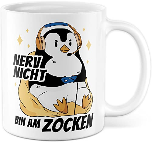 Tasse Zocken Geschenk, Nerv nicht - Bin am zocken Geschenkidee Gamer Kaffeetasse mit Spruch lustig Kaffee-Becher Gaming Kinder Tasse Computerspiele Zocker Teetasse Pinguin-Motiv (Weiß)