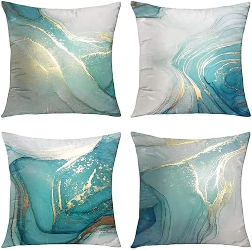 QUALKNOY Set of 4 Velvet Cushion Covers 45x45 cm, Turquoise Gold Abstract Art Modern Decorative Throw Pillow Cases 18x18 inches for Living Room Sofa Garden Outdoor Courtyard Decor Pillowcases
