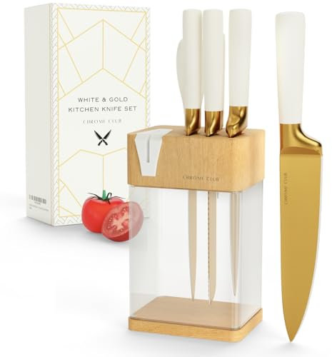 CHROME CLUB Edelstahl Weiß und Gold Messerset mit Block - 7-teiliges Gold Küchenmesser-Set mit robustem klarem Messerblock und Schärfer - Lebendiges weißes Messerset mit Schere und Reinigungstuch