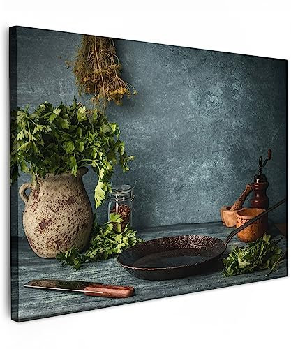 MuchoWow© Leinwände 70x50 cm Wall Decoration Bilder Schlafzimmer Küchen Deko Pictures Canvas Painting Wanddekoration Wohnzimmer Küchenbilder - Kräuter - Löffel - Gewürze - Italienisch