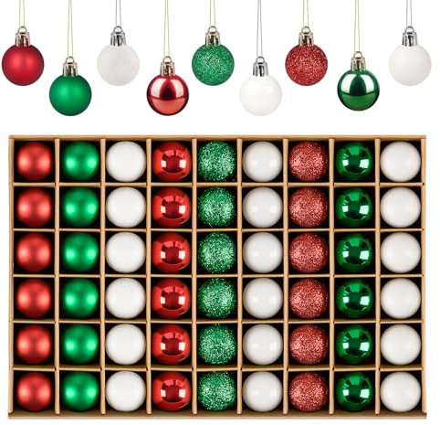 Anstore Christmas Baubles - 54Pcs Mini Ball Ornaments With Strings, 30mm/1.18-Inch Small Shatterproof Xmas Tree Decorations (White, Red, Green)
