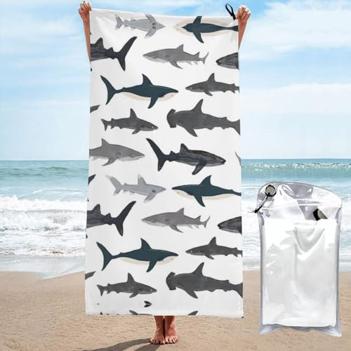 OPSREY Fisch und Hai gedruckt Tragbares Schnell Trocknendes Handtuch Strandtuch Weiches Badetuch Für Camping, Fitnessstudio, Strand, Reisen