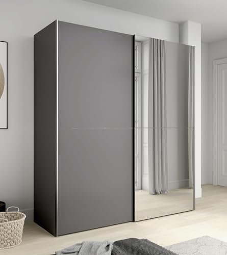 Forte KAIKAIS Schrank 170, Kleiderschrank mit Spiegel, Schwebetürenschrank, Industrial Schlafzimmer, 2-türig, Einlegeböden, Kleiderstange, Uni Grau Holzdekor, 170 cm breit x 191 cm hoch x 61 cm tief