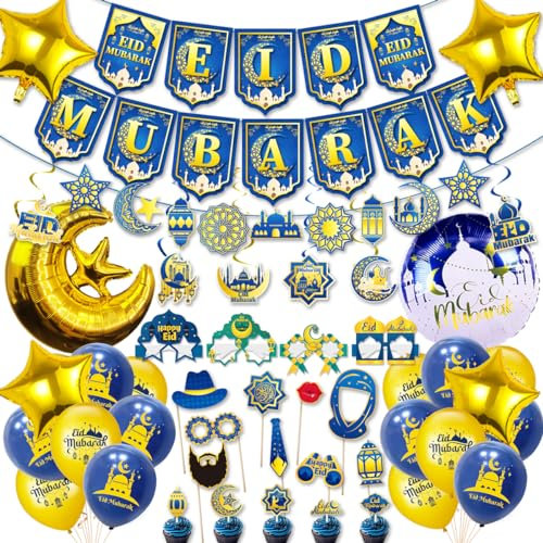 Eid Mubarak Dekoration, Gold Eid Mubarak Folie Ballon Banner und Latex Ballons Mond Sterne Banner Urlaub Dekorationen, islamische goldene Partei Supplies für Home Decoration