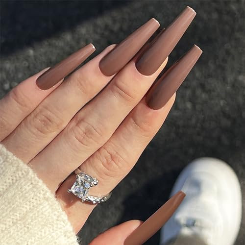 24pcs Extra Long Coffin Press-on Nails - Coffee Stick-on Removable Glue-on Full Cover Acrylic Fake Nail Set for Women and Brides - Nail Art Accessories
