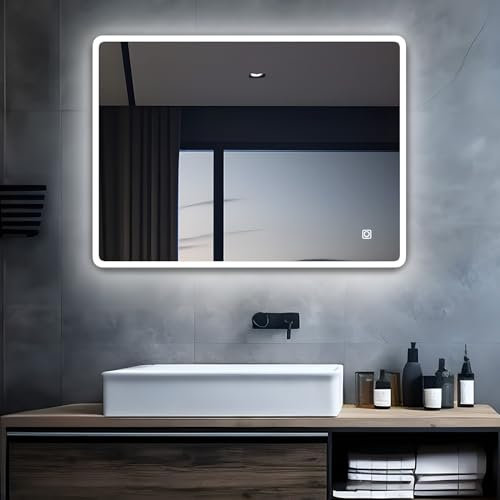 MIQU LED Badspiegel mit Beleuchtung 120x70 cm Badezimmerspiegel, Bad Groß Spiegel mit Touch Weiß 6500K Licht Beschlagfrei Wandspiegel für Badezimmer, WC, Flur Rechteck runden Ecken