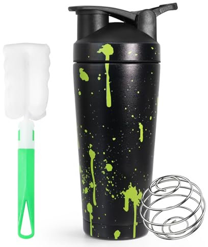 HNCY Eiweißshaker, 750ml Shaker Edelstahl, Shaker Proteinshake Edelstahl, Shakers mit Kugel, Proteinshake Becher für Cremige, Klumpenfreie Shakes, Sportgetränke, Auslaufsicher, Kein BPA - Schwarz