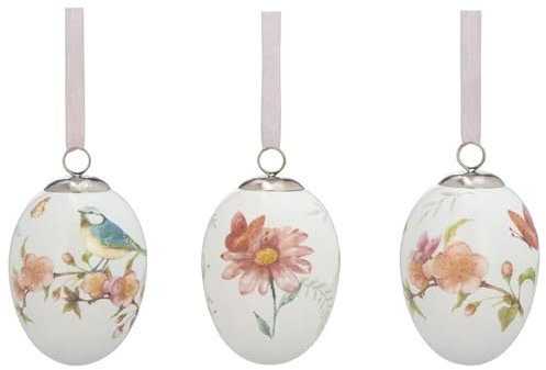 kleine weiße Keramik Deko Eier - bunte Motiv-Eier mit Blumen & Vögeln bedruckt 5 x 7 cm zum Aufhängen - 3-teiliger Oster- oder Frühlingsschmuck für Bäume, Sträucher, Fenster oder Türen