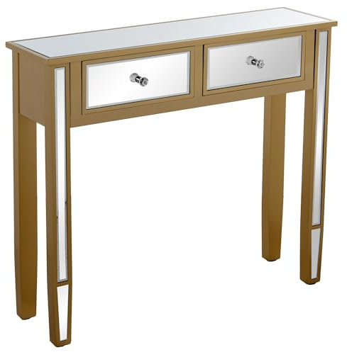 DRW Konsolentisch aus Holz und Spiegel mit 2 Schubladen in Gold und Spiegel, 90 x 25 x 80 cm