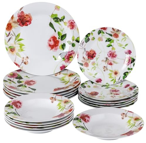Baroni Home 18-teiliges Tafelservice aus Porzellan und Steingut, Tellerservice für 6 Personen, bunte Tische, Teller-Set mit Suppenteller, flachen Teller, Obst- oder Desserteller, Rose-Stil