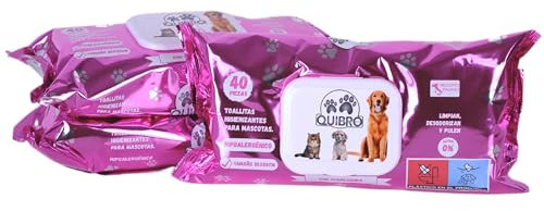 Quibropets Pack de 3 Toallitas Húmedas con Clorhexidina para la Higiene de Perros y Gatos - Limpieza Profunda y Efectiva en un Solo Paso - Limpiador de Patas para Mascotas - (Total 120 Toallitas)