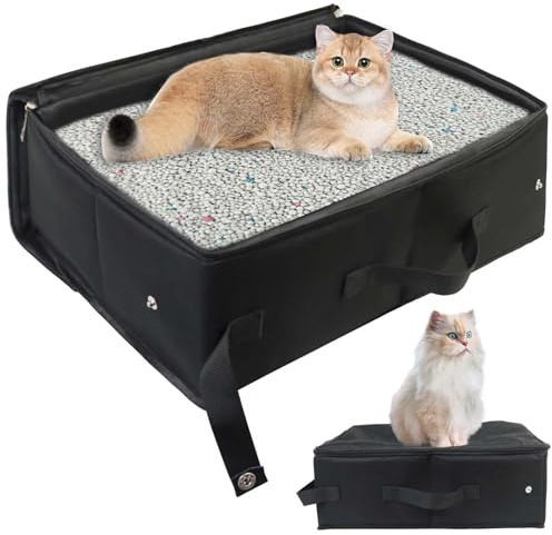 Gomety Tragbare Katze Reisetoilette mit Deckel, 40×32×15cm Faltbare Katzentoilette wasserdichte mit Griff Nützlich Haustiere Katzentoilette für Reisen Freien, Camping, Heimgebrauch(Schwarz)