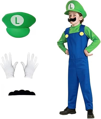 Yisound123 Costume for Kids 3-12,Costume Game Outfit Fancy Dress Up Jumpsuit Bodysuit Cosplay with Hat Gloves Moustaches (Red(3-4)) (Green, 7-8)