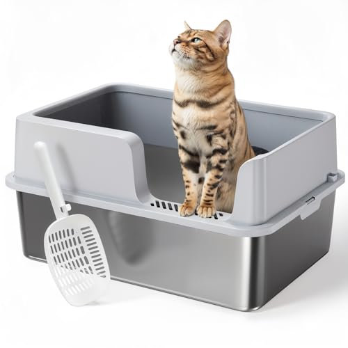 PawGiant Stainless Steel Litter Box, Extra Large Cat Litter Tray, High Sided Cat Litter Box for Medium to Big Cats, Metal Litter Tray with Lid & Litter Scoop, Non-Sticky, No Odor, Anti-Leakage