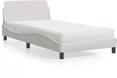 IKAYAA Bett 100x200 mit matratze und lattenrost Boxspringbett 100x200 mit matratze Polsterbett 100x200 Bett komplett mit Kopfteil Kunstleder-Weiß-100 x 200 cm