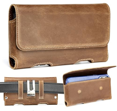 Gcepls Étui de ceinture en cuir véritable, avec clip ceinture, pour téléphone portable iPhone 16 15 14 13 12 11 Pro, XR, XS, Samsung Galaxy S23 S22 S21 S20 M01 Core - Marron - Taille M
