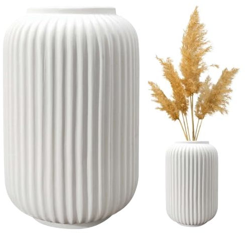 Asfrode Flature Keramik Vase mit Rillen, 20cm hoch Blumenvase Weiß Matt für Flowers Wohnungsdeko frische Blumen Trockenblumen Esstisch Büro Hochzeitsszene