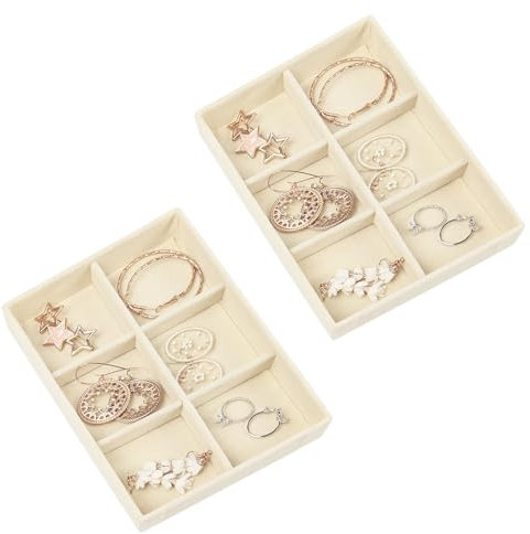 Nwvuop 2 Pack Jewellery Organiser Tray Stackable Velvet 6-Compartment Jewellery Trays Small Jewelry Drawer Organizer 4.92× 3.74× 1 inches(Beige)