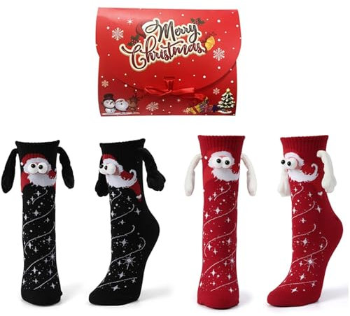 papasgix 2 Paar Lustige Magnetische Weihnachten Socken, Weihnachtssocken mit Magnetarmen, Hand in Hand Socken Funny Socks Couple Geschenke für Damen Herren (Rot+Schwarz Sternhimmel)