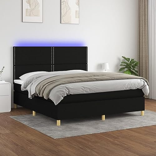 IKAYAA Boxspringbett Matratz, Boxspringbett Mit Matratz, Schlafzimmerbett, Bockspringbett, Boxspringbetten, Boxspringbett mit Matratze & LED Schwarz 180x200 cm Stoff