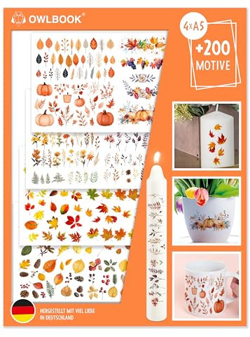 OWLBOOK® Kerzentattoos Herbst Kerzen Tattoo Herbstmotive Kerzen Sticker Kerzenfolien Tattoo Folie Kerzensticker Kerzen Aufkleber I Wasserschiebefolie | Herbstmotive V3 | 4 x Din A5
