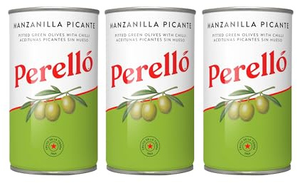 Perelló Manzanilla Picante Pitted Olives - 350g (150g Drained), Pack of 3, Spanish Green Olives - Spicy Manzanilla Olives, Perello Olives, Tinned Olives Pitted
