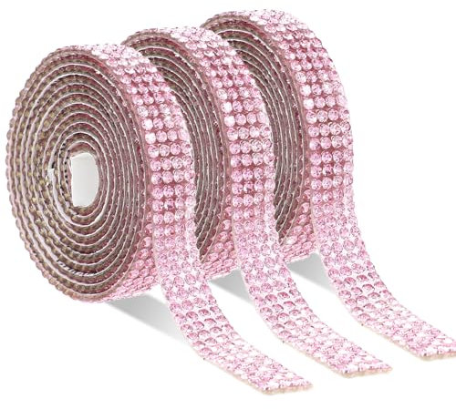 Prasacco Lot de 3 rubans de strass autocollants - Cristal - Strass - Ruban à paillettes - Pour bricolage, décoration de vêtements, mariage, artisanat, décoration de cadeau - Rose
