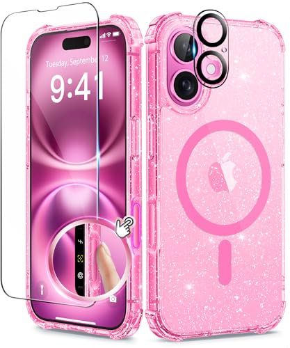 BERFY Compatible with iPhone 16 Plus Case, [Compatible with Magsafe], with Screen Protector + Camera Lens Protector, Clear Sparkly Shockproof Hard Phone Case for Women 6.7, Magnetic Hot Pink