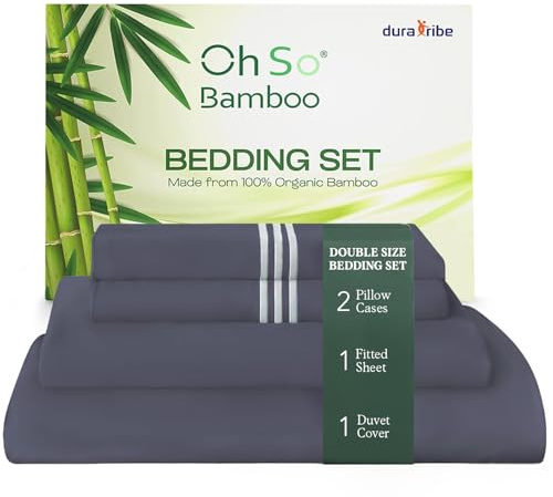 DURA TRIBE Oh So Bamboo Bedding Set 4 Piece Double - Charcoal - Hypoallergenic Duvet Cover, Fitted Sheet & 2 Pillowcases Made from 100% Organic Bamboo Viscose Cooling Silky-Soft & Smooth Material