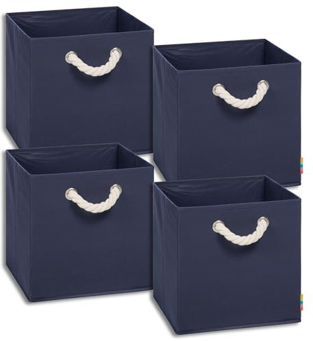 Storanda | 4er Set Aufbewahrungsbox | Kordel Griffband | Stabile & Faltbare Boxen | Regalboxen für Würfelregal Kallax | Ideal für Zuhause & Kinderzimmer | 30x30x30 cm | Dunkelblau