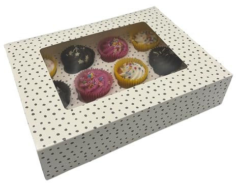 SwiftPick Home 3 x 12-hole Cupcake Boxes With Windows | White & Black Polka Dots | 32 x 24 x 7.5cm | Pop Up Cupcake Box | Cake Box Holder | Removable Insert Tray | For Cupcakes & Muffins