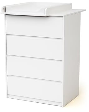 WEBABY - Babykommode mit 4 Schubladen und Wickeltisch aus Holz, 50 cm UNO - Weiß