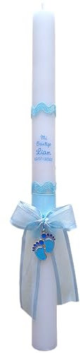 Vela de Bautizo Personalizada, Decorativa con Lazo, Medalla con forma Pies de Bebé, Rosa y Azul, Para Ceremonia (Azul)