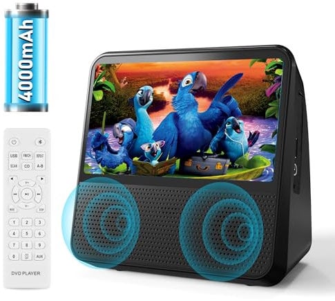 Lettore DVD portatile per bambini in auto, batteria ricaricabile di 7 ore, compatibile con CD/DVD/Bluetooth/USB/MP3/AV, lettore CD/DVD integrato con due altoparlanti (nero)