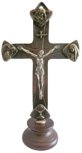 Generico 10.064.40 croce con base legno crocefisso galvanizzato bronzo padre figlio spirito santo pace comunione 15 cm