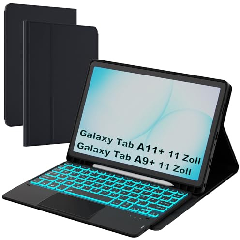 ROOFEI Étui pour Galaxy Tab A11+/A9+ avec clavier QWERTZ allemand | Éclairage 7 couleurs - Clavier magnétique amovible pour tablette - Clavier éclairé pour Tab A9 Plus/A11 Plus 11