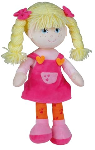 Happy People Schlenkerpuppe Hannah, ca. 30 cm groß, Stoffpuppe mit Zwei geflochtenen Zöpfen und pinkes Latzkleid, gestickte Augen, Nasen und Mund, Handwäsche, ab 0 Monate+